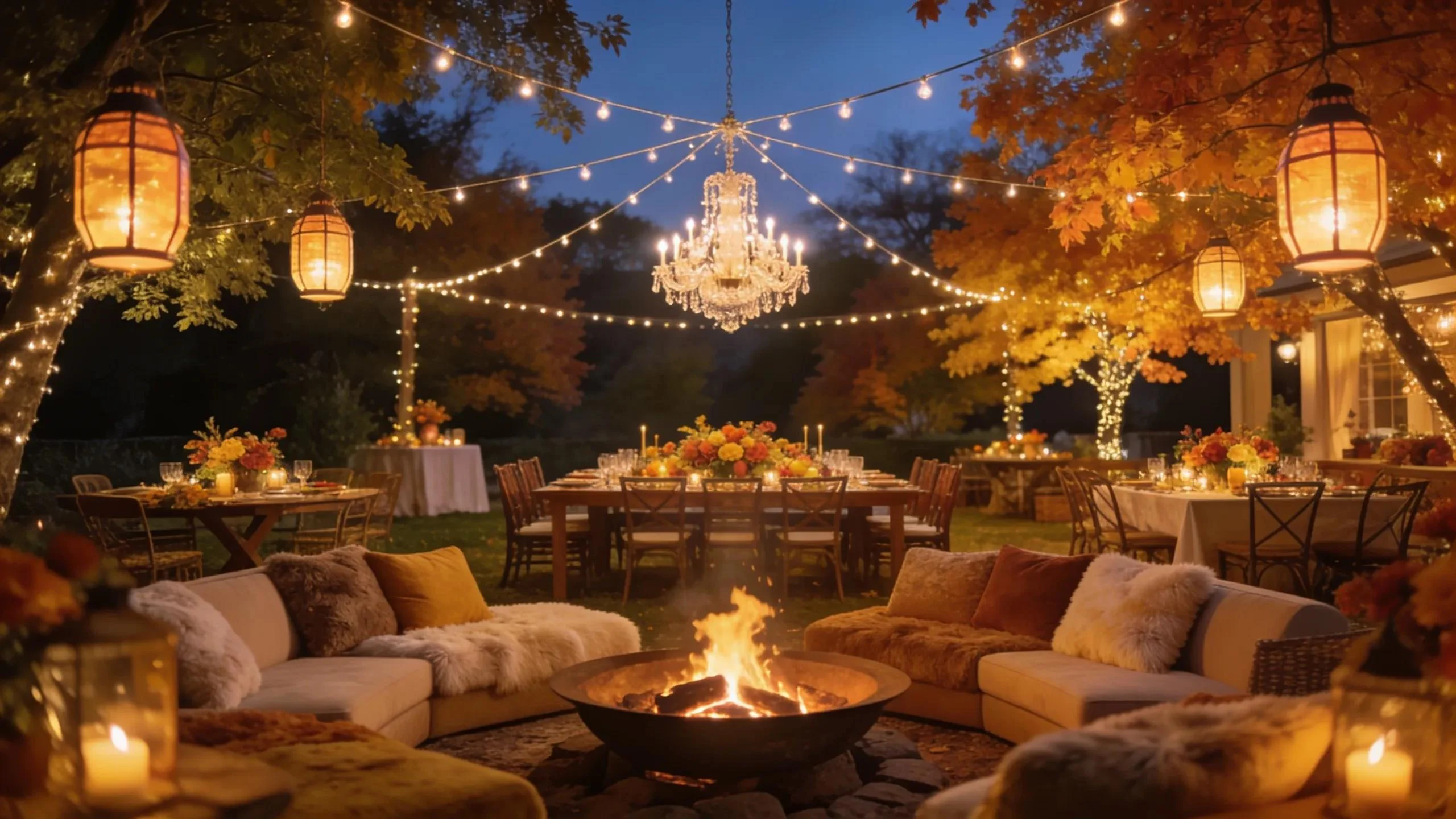Illuminated outdoor party scene with various lighting options for ambiance