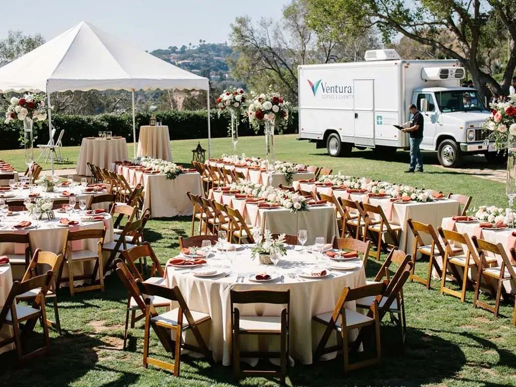 Outdoor event setup with wood chairs, linen-covered dining tables, floral centerpieces, a white tent, and a rental delivery truck.