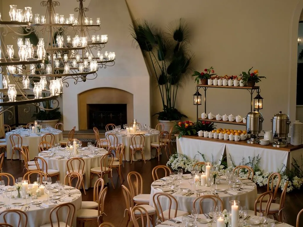 Indoor reception with a hot beverage station, silver urns, stacked cups, dessert display, dining tables, and candlelight.