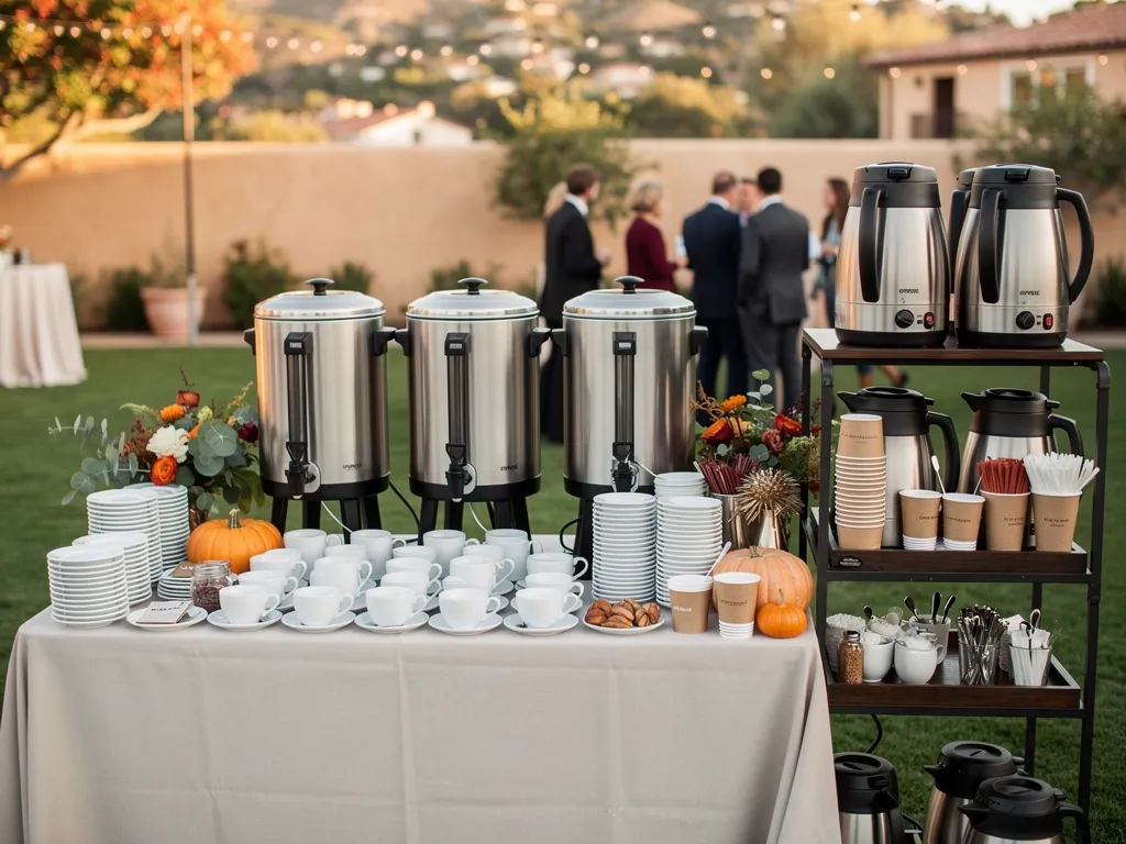 Outdoor hot beverage station with stainless steel urns, insulated carafes, stacked cups, saucers, condiments, and small pumpkins.