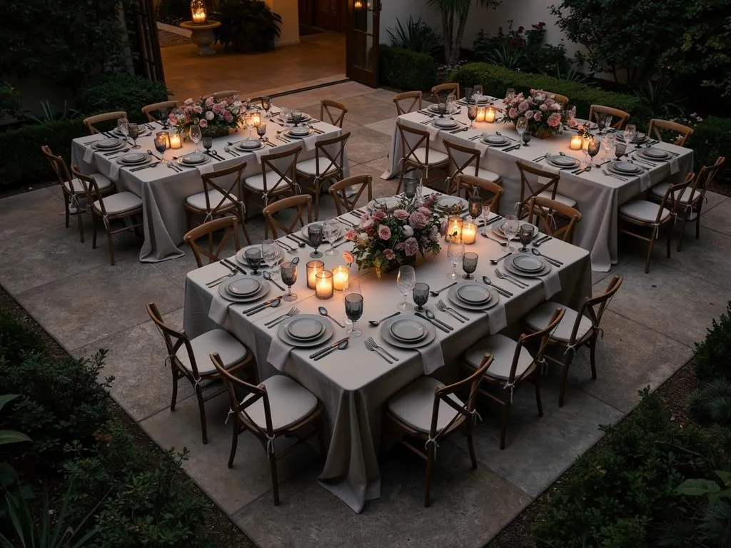 Formal outdoor fall tablescape with neutral linens, candles, and floral centerpieces