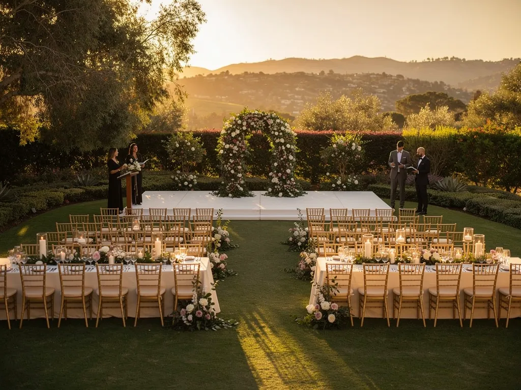 Outdoor event setup with ceremony platform, long dining tables, and Santa Barbara hillside views
