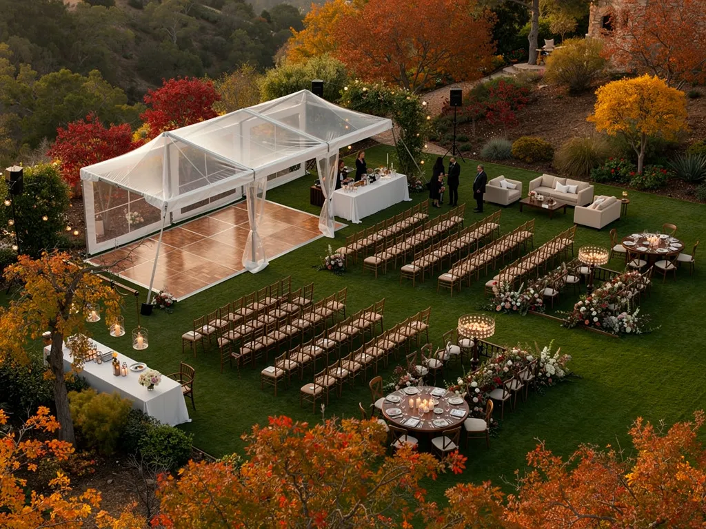 Formal outdoor fall tablescape with neutral linens, candles, and floral centerpieces