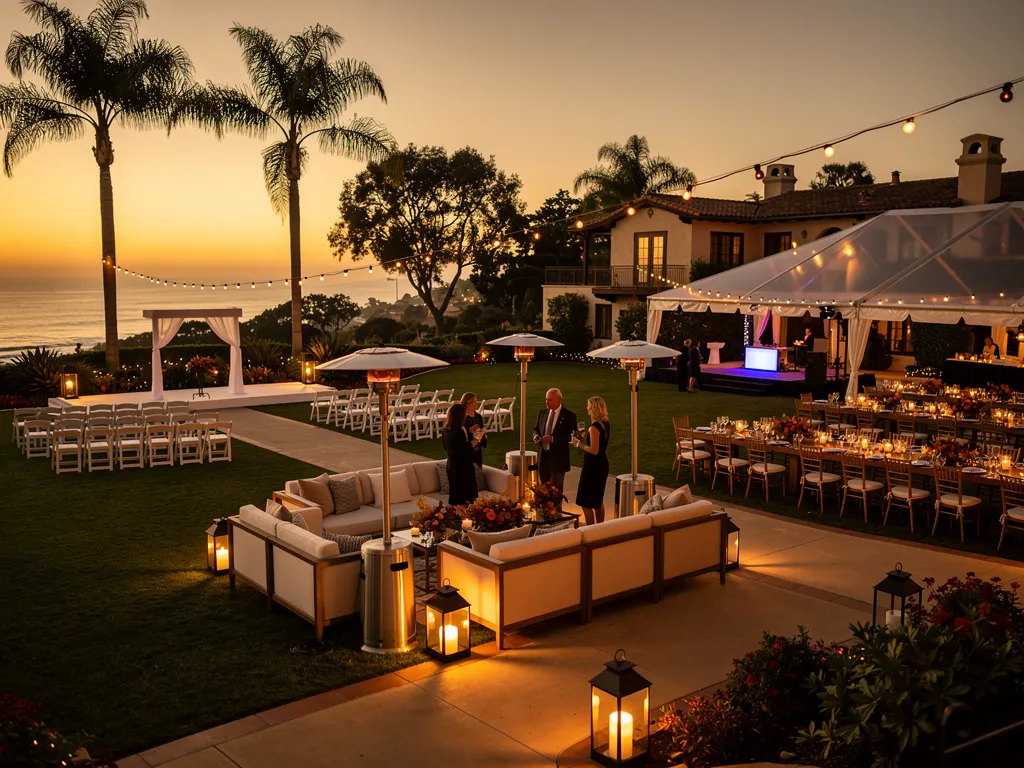 Santa Barbara fall event layout with lounge seating, dining tables, a tent, and sunset views