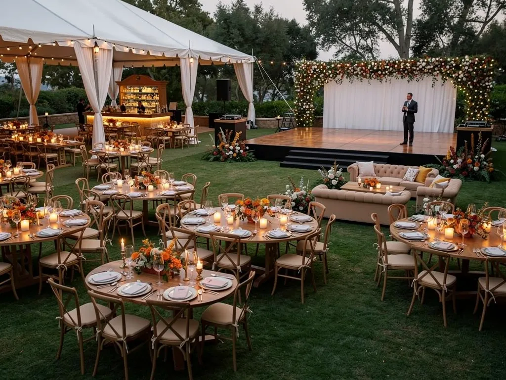 Santa Barbara fall gala setup with round dining tables, lounge seating, stage, and tent