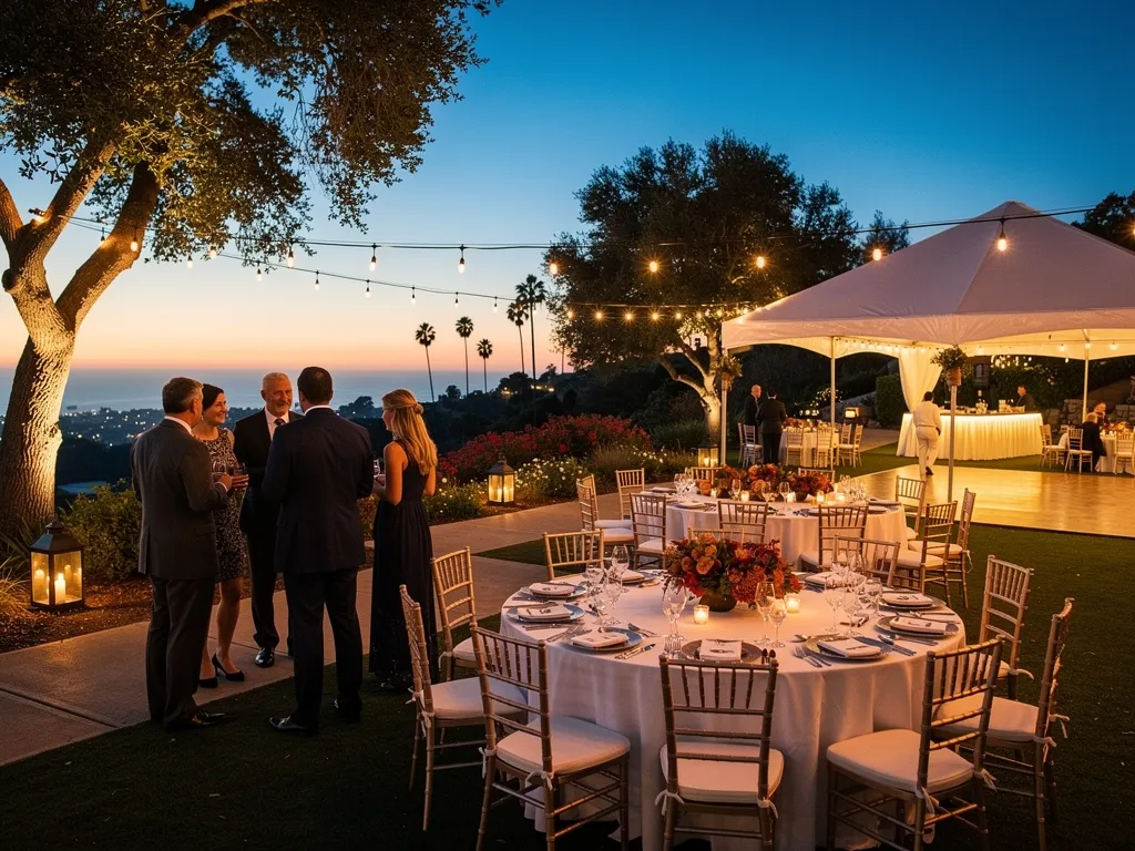 Outdoor fall event at sunset with round dining tables, string lights, and a tent in Santa Barbara