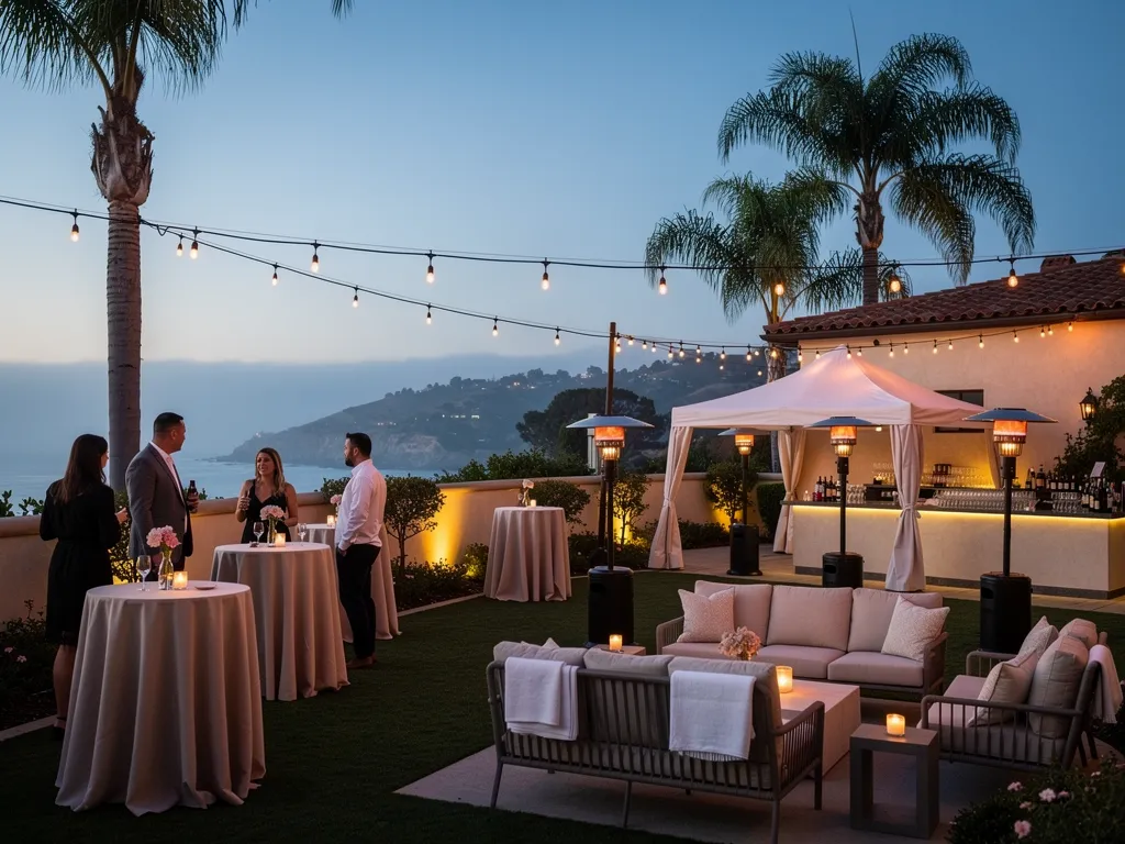 Santa Barbara outdoor cocktail lounge with high-top tables, lounge seating, and string lights at dusk