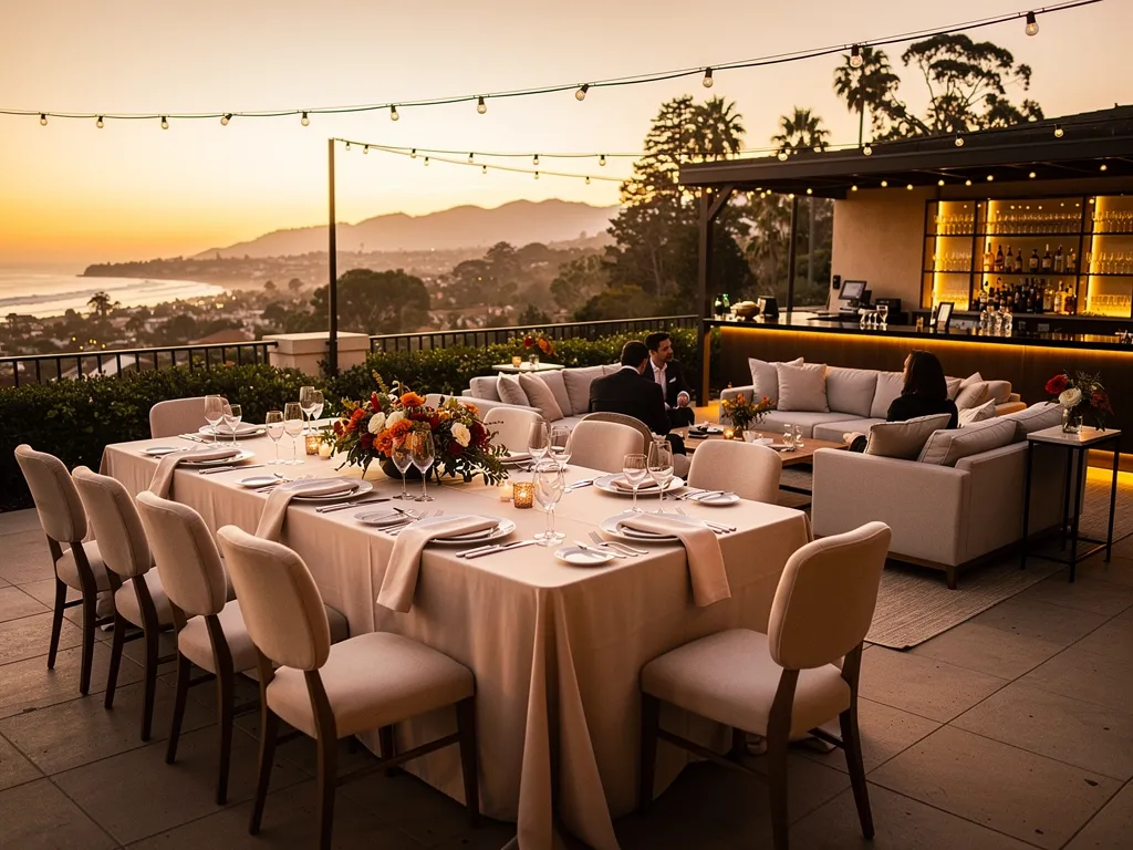 Fall evening dining table and lounge seating overlooking the Santa Barbara coast
