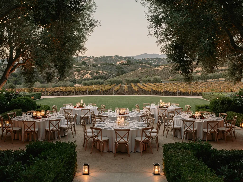 Outdoor dining tables overlooking a vineyard-style Santa Barbara setting in fall