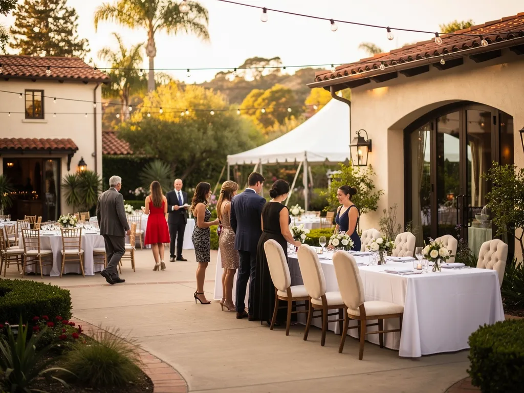 Gala registration area with check-in tables positioned near the guest arrival path