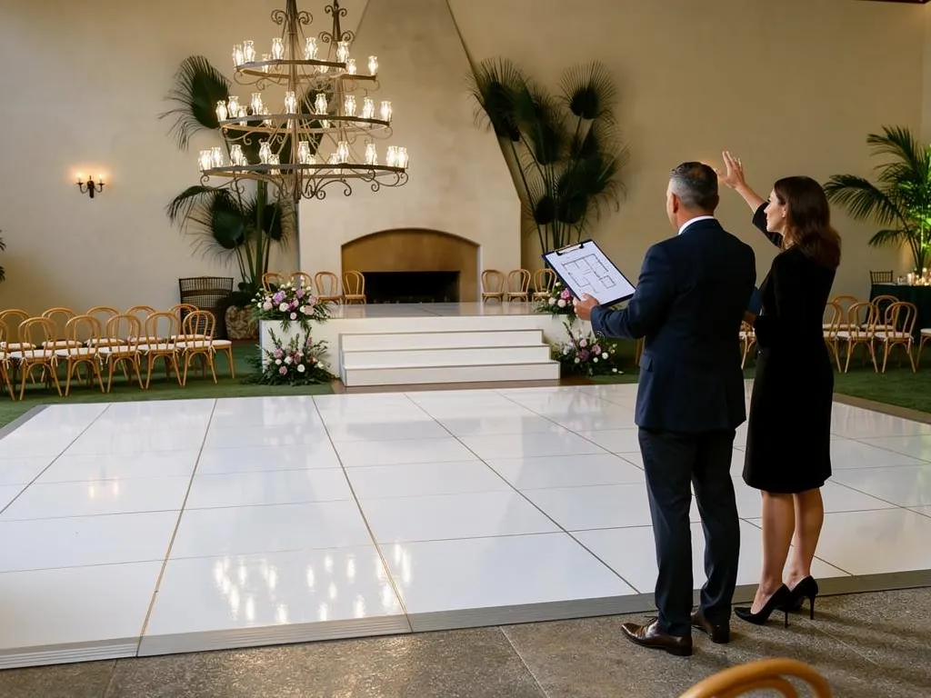 Event planners reviewing a custom dance floor and stage layout before setup