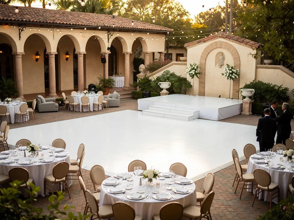 Custom white dance floor and raised stage arranged in a Santa Barbara courtyard