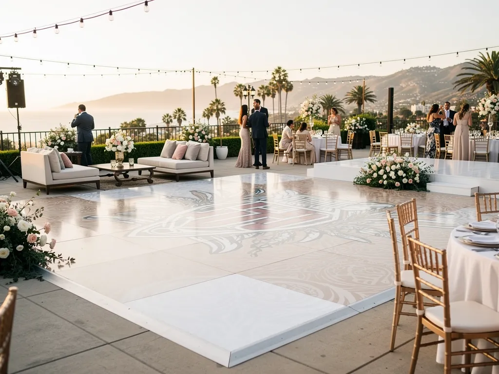 Personalized white dance floor with custom artwork at a Santa Barbara event