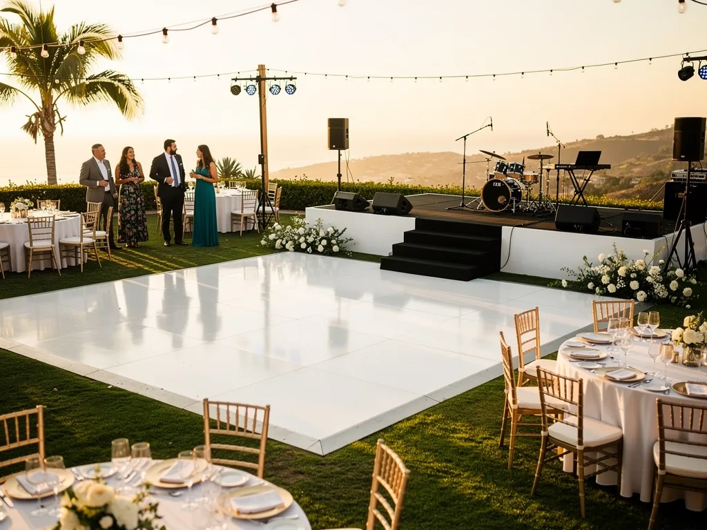 Outdoor dance floor positioned directly in front of a live entertainment stage