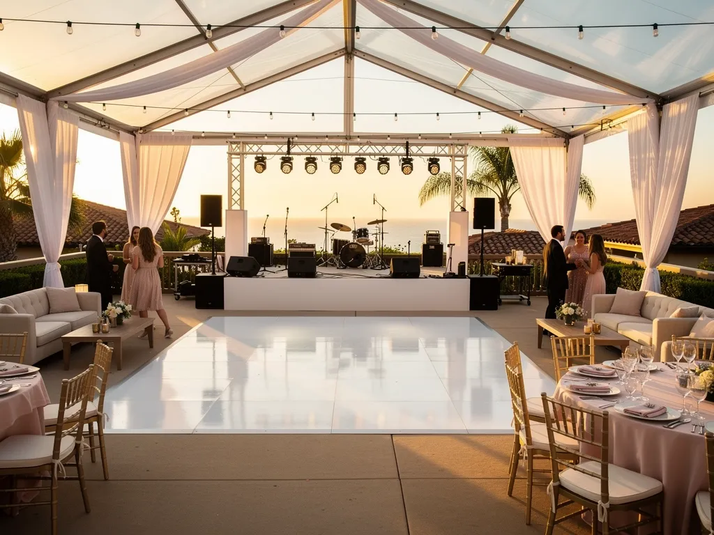 White dance floor and live music stage installed beneath an event tent