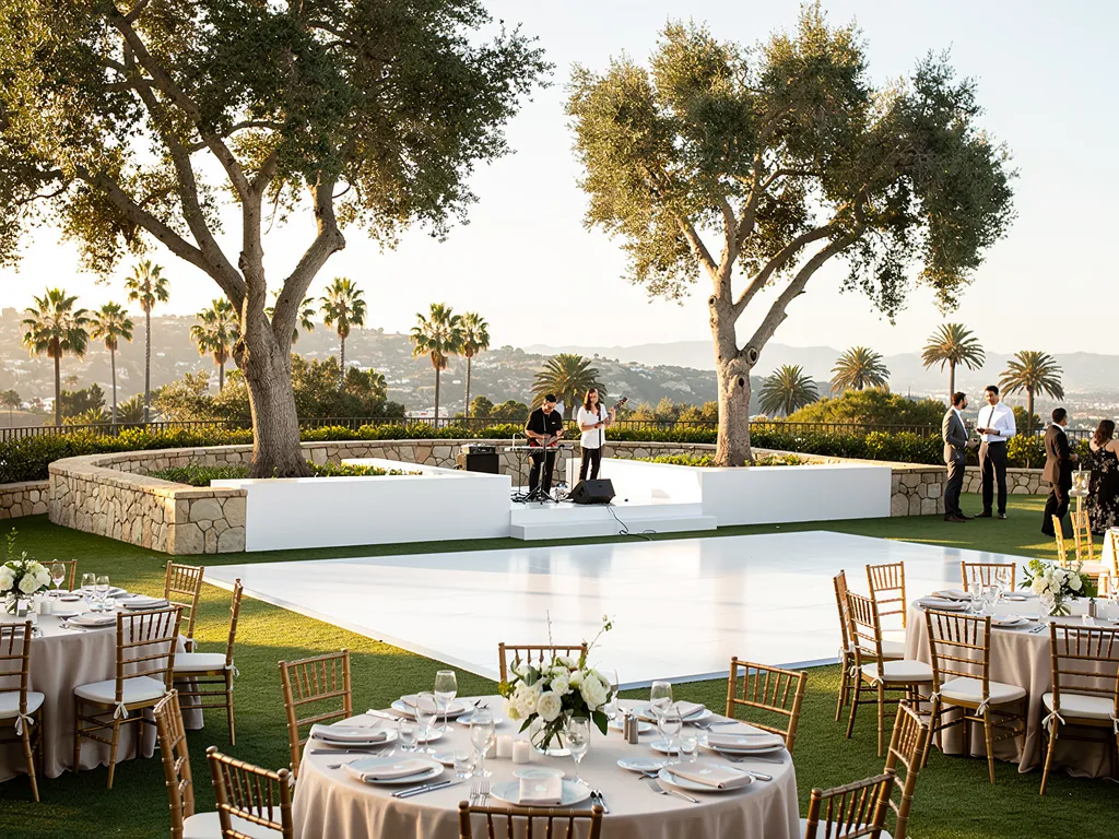 Custom stage and white dance floor surrounded by formal event seating