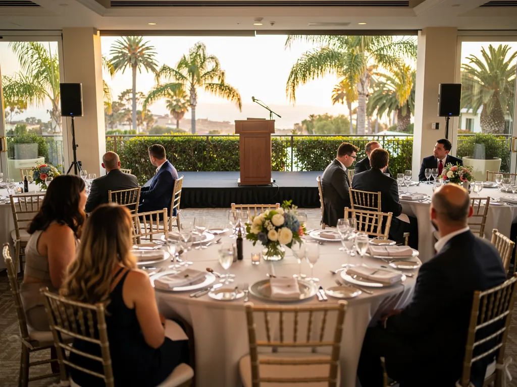 Corporate dinner tables oriented toward a podium and presentation area