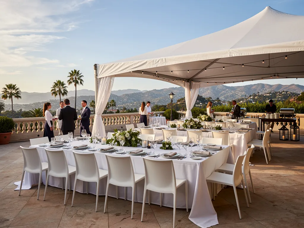 Outdoor corporate dinner under a tent with long tables and open service routes