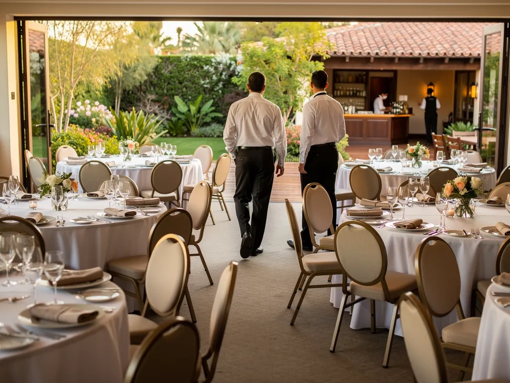 Corporate dinner setup with clear circulation between dining tables and service areas