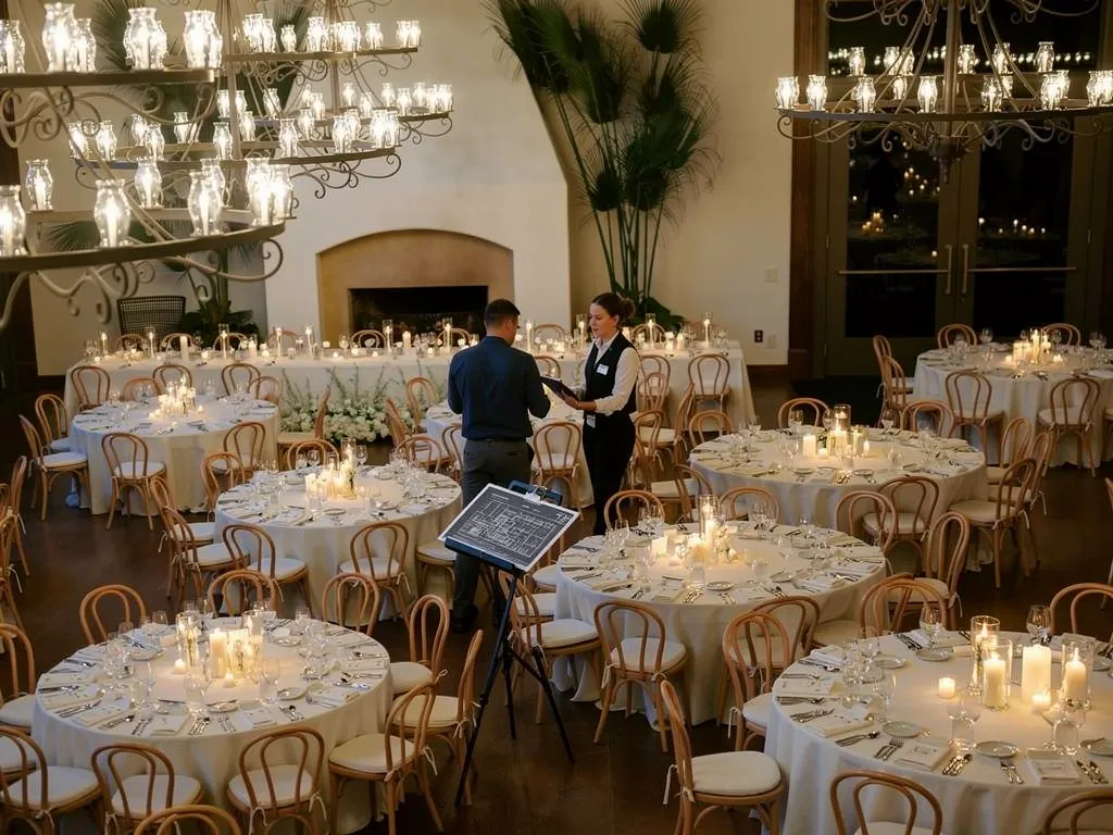 Formal Santa Barbara corporate dinner with round tables prepared for guest service