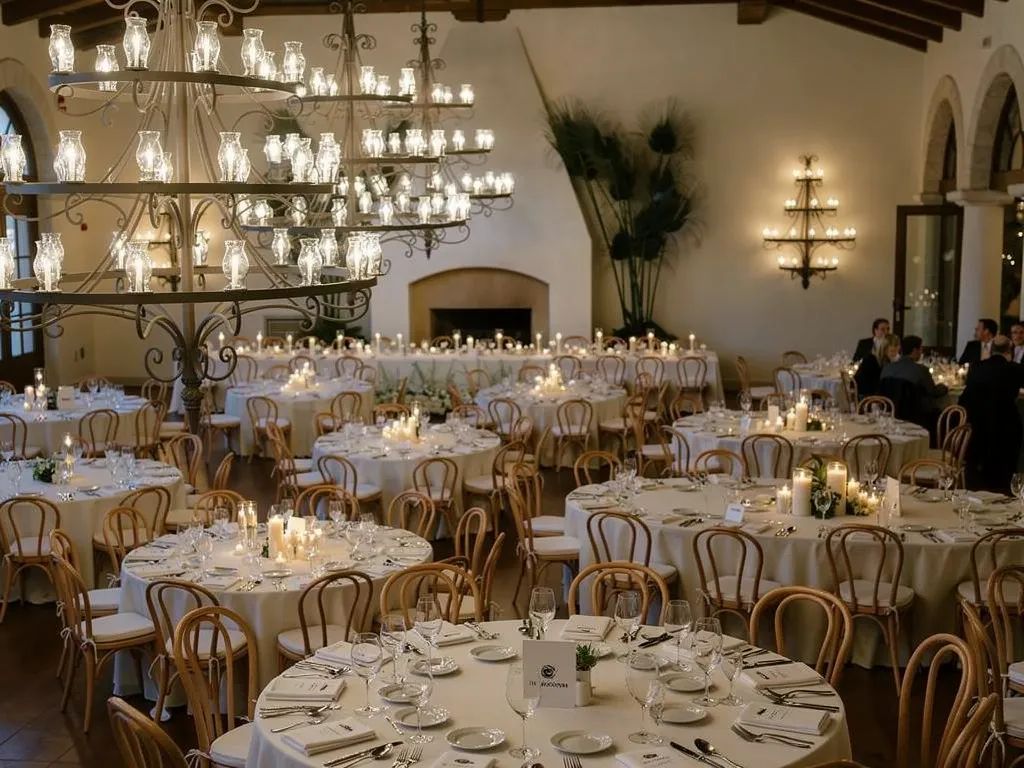 Formal corporate dinner tablescape with coordinated china, glassware, linens, and seating