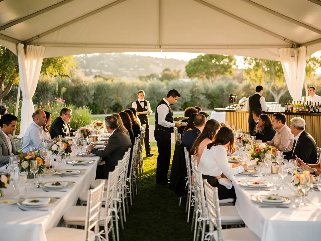 Tented corporate dinner with occupied tables and a central catering service aisle