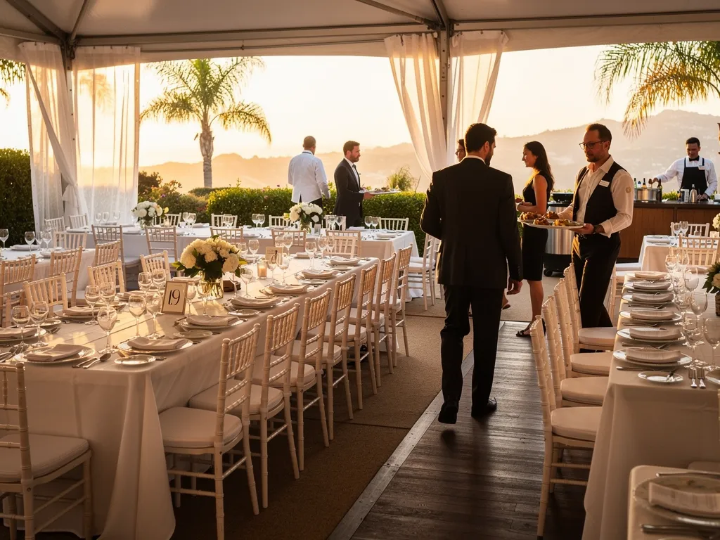 Corporate dinner layout with dining tables and open routes for guests and catering staff