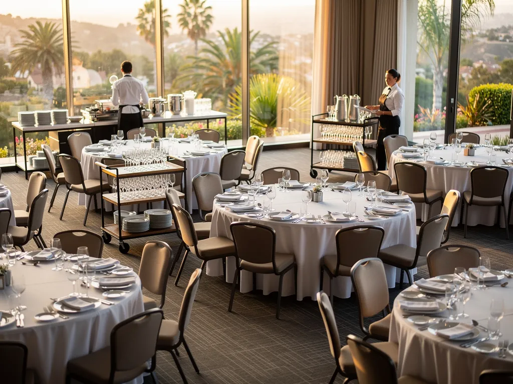 Corporate dinner room with round tables and open space for catering service stations