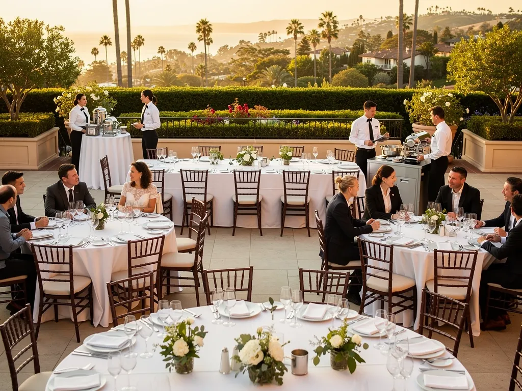 Round tables arranged for a Santa Barbara corporate dinner with clear service aisles