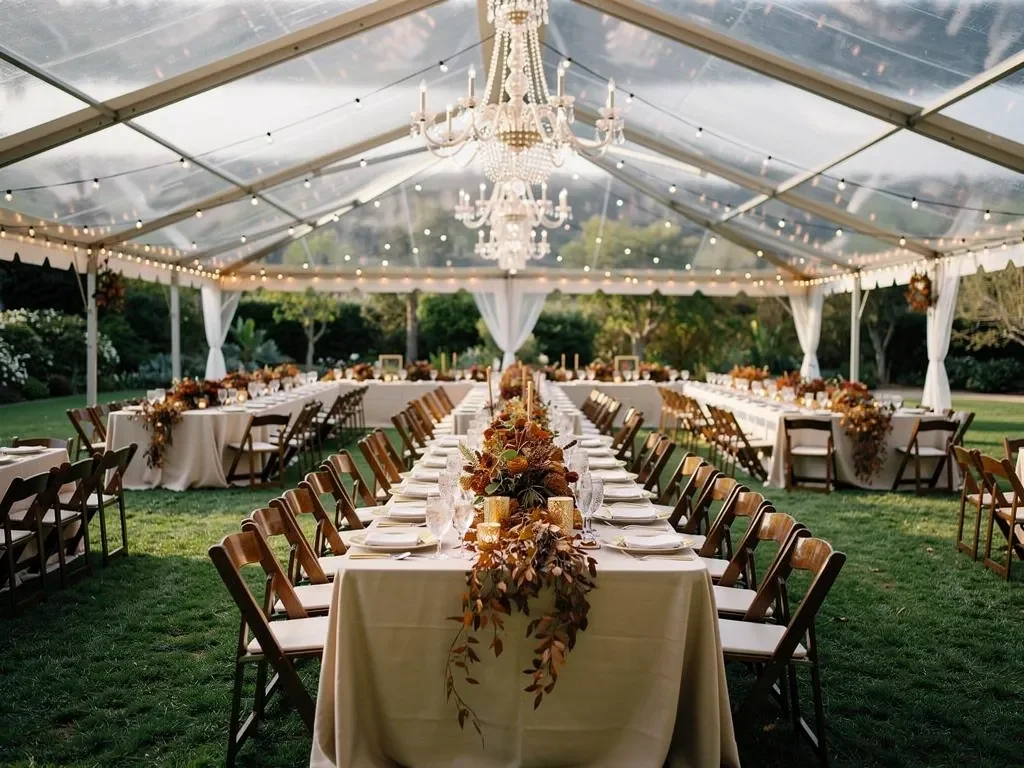 Sophisticated fall tablescape at a luxury tented wedding with fine china, crystal glassware, and muted
