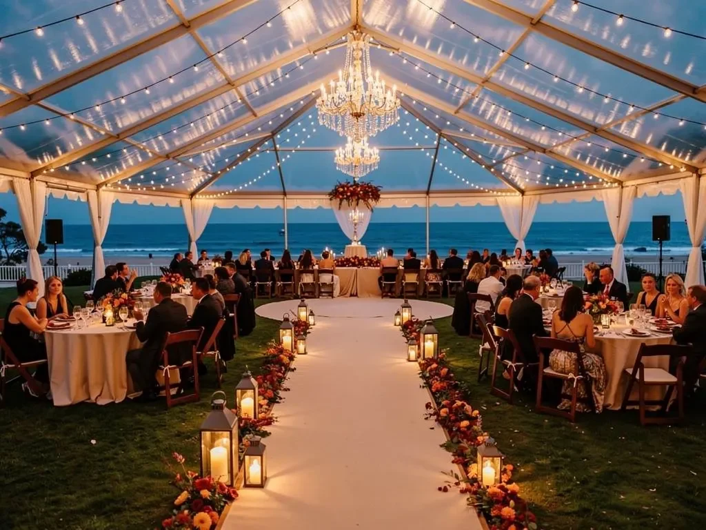 Beautifully lit luxury wedding tent at dusk during a fall event with layered string lights