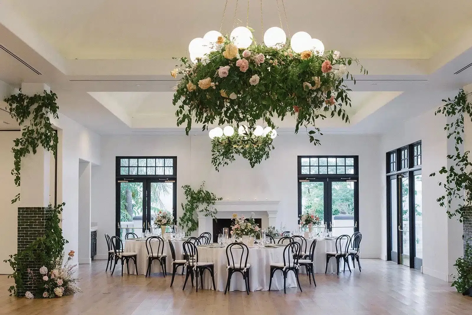 Outdoor reception with warm bistro lighting
