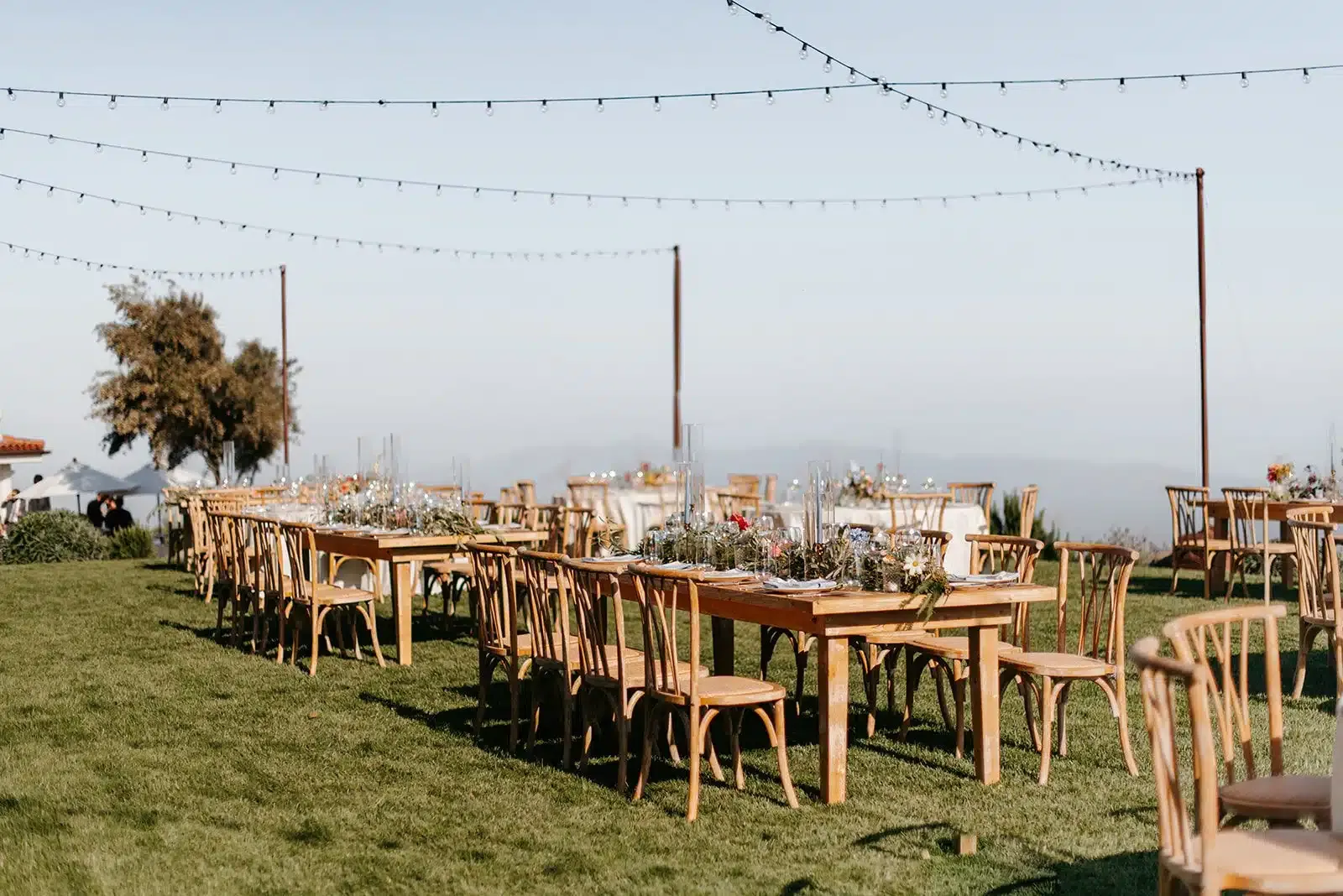 Crisscross bistro lighting for outdoor reception