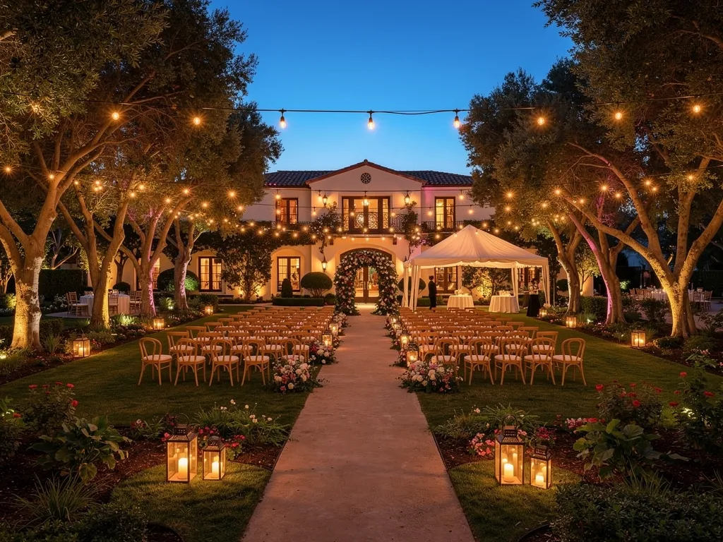 String lighting connecting tented and open-air estate areas after dark