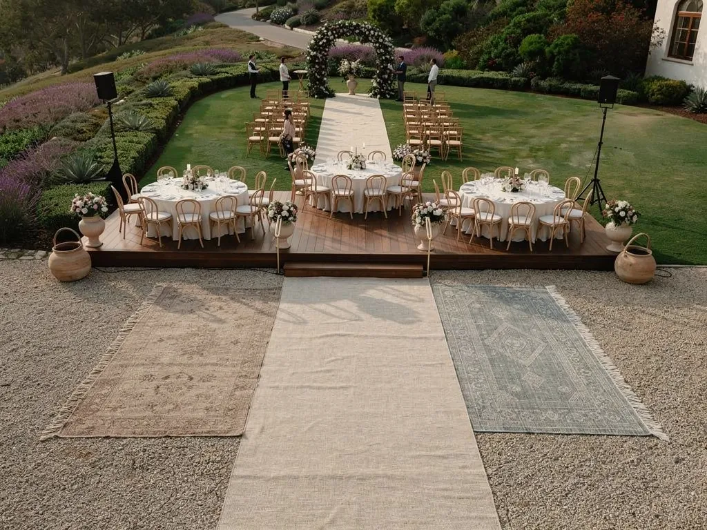 Event flooring installed beneath a tent to support tables and dance floor