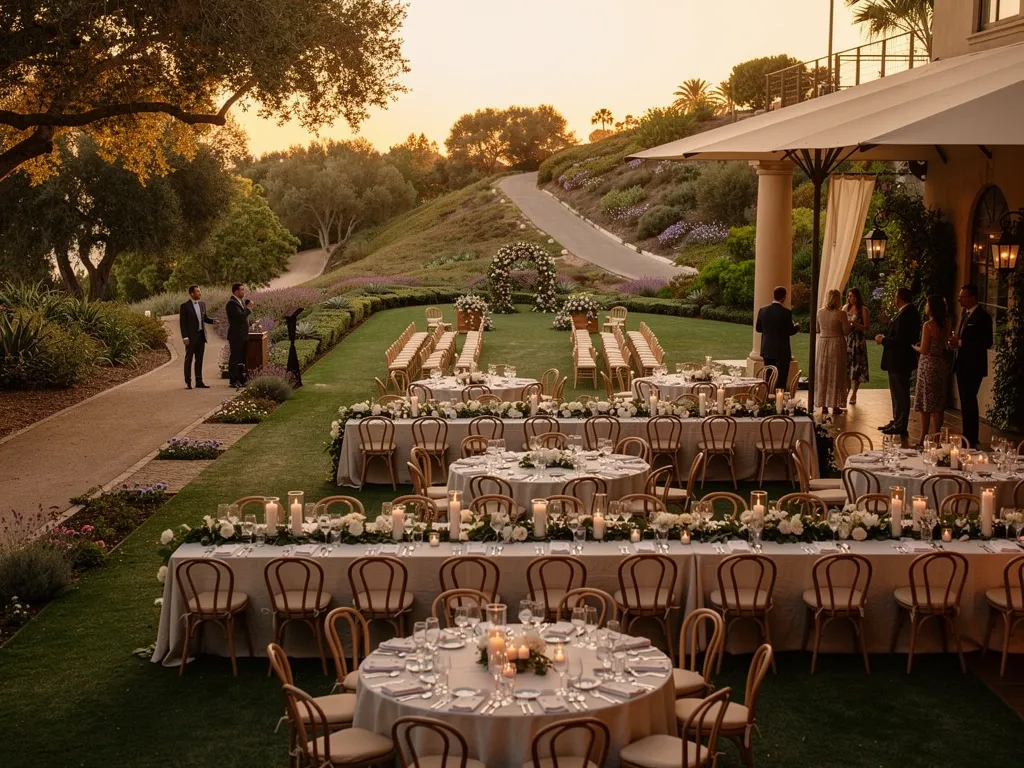 Guests moving through an estate from arrival to reception along a garden path