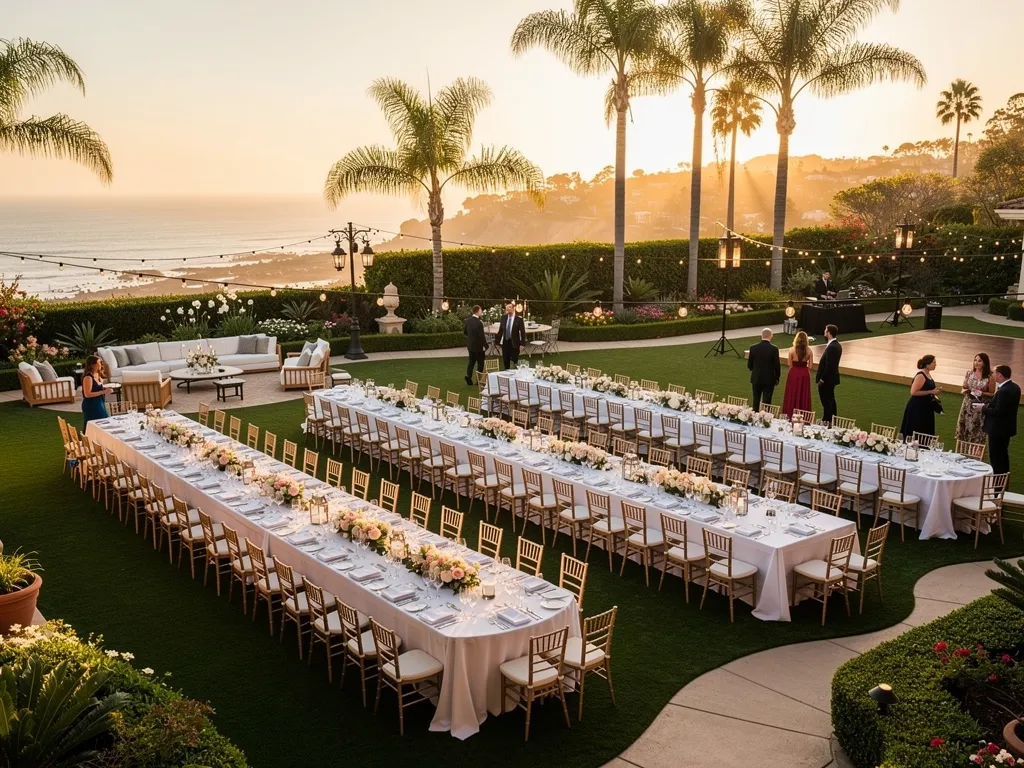 Tented dining tables set with linens and centerpieces on an estate lawn