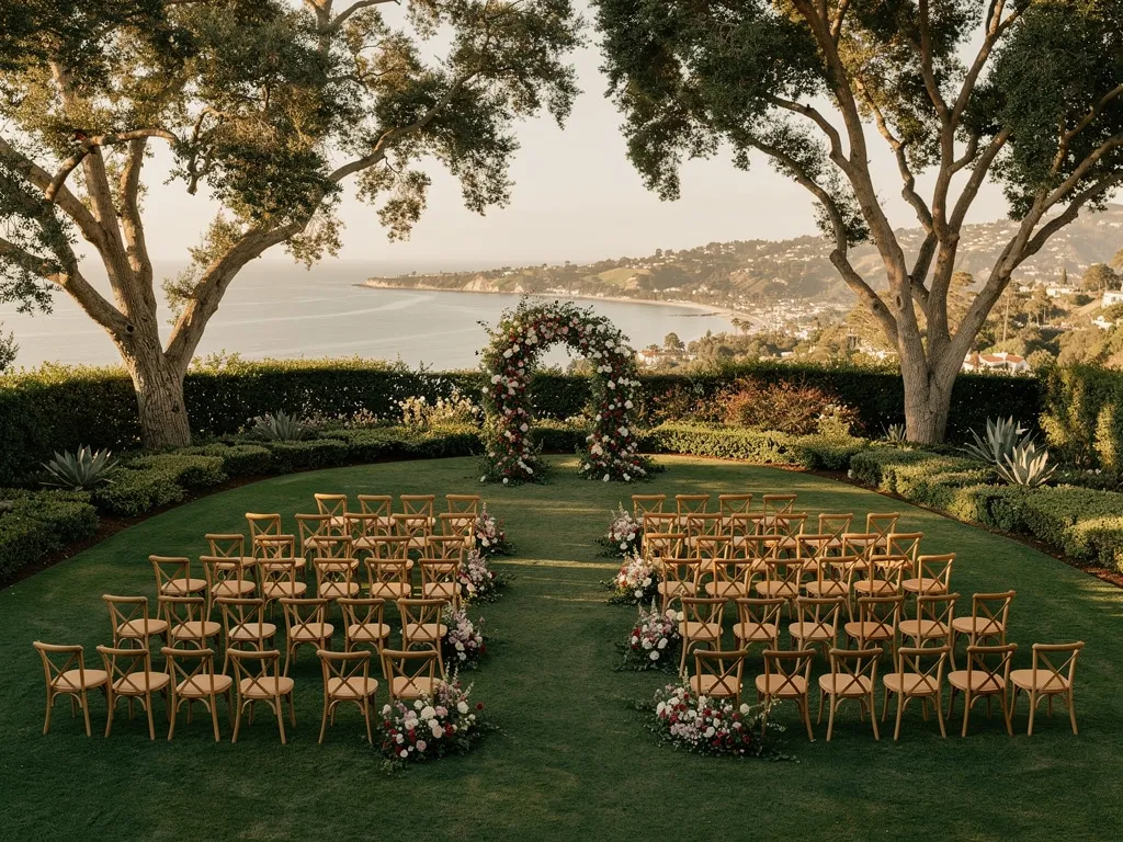 Ceremony chairs arranged against a garden and architectural backdrop