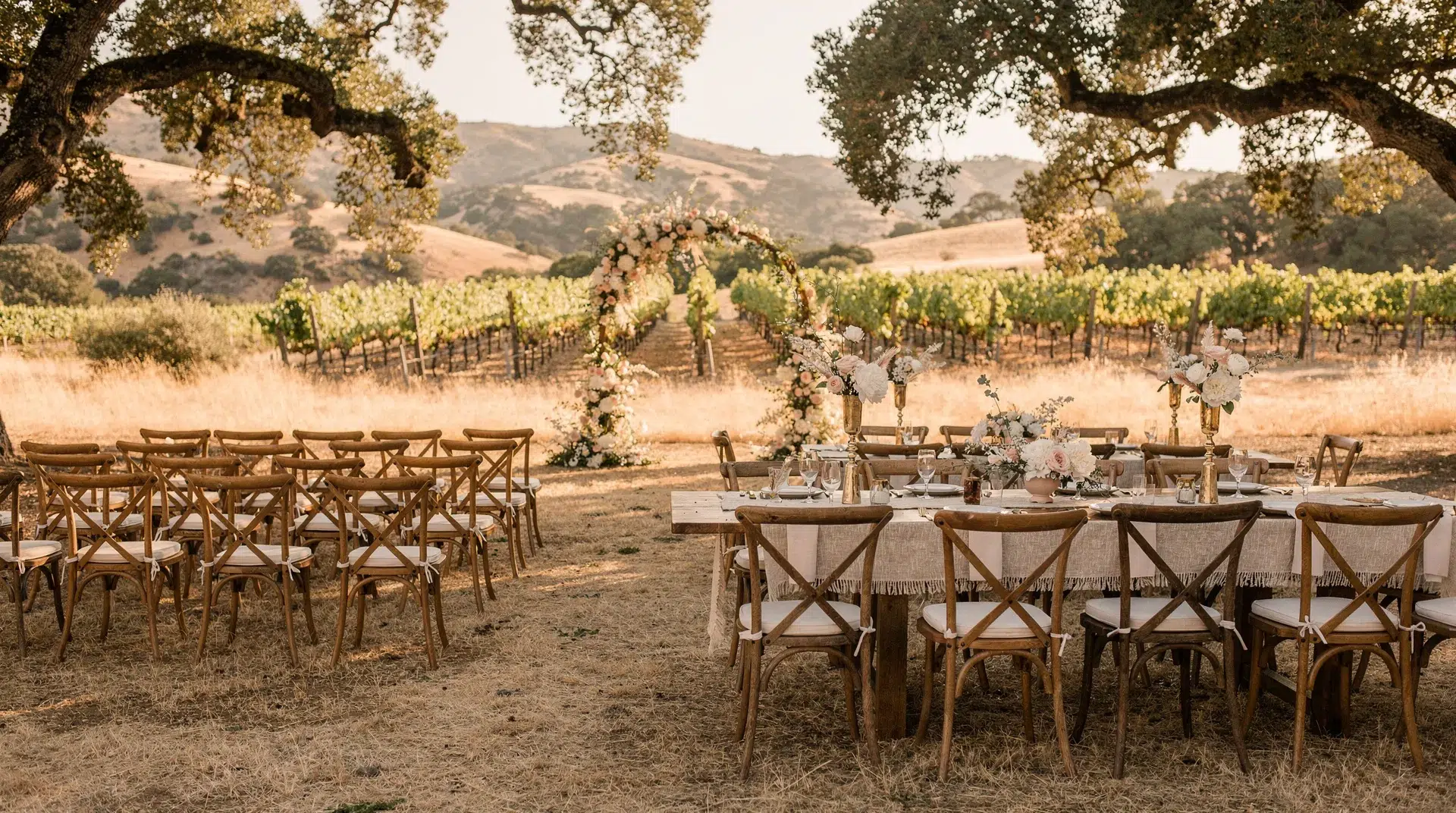 Elegant reception table set with chairs and linens at a vineyard wedding