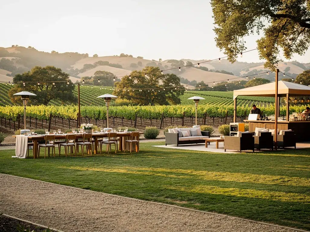 Outdoor wedding reception tent set up on an open lawn