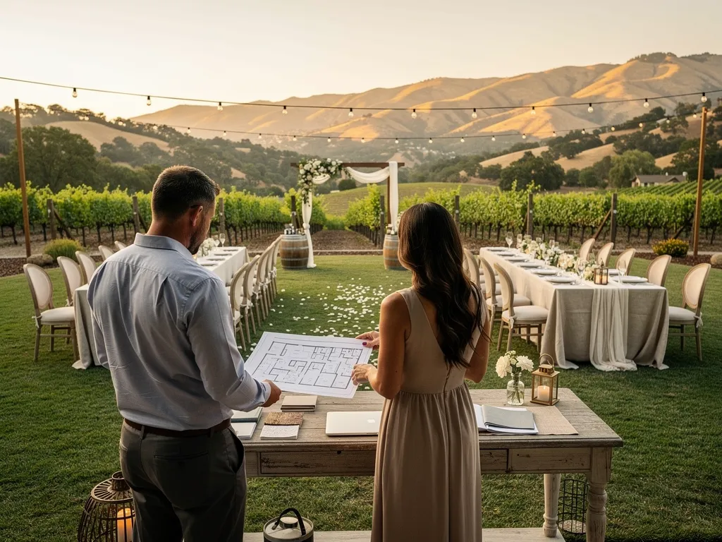Rental team setting up tables and chairs for a Santa Ynez wedding