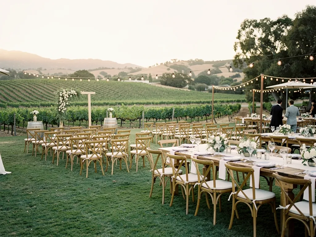 Coordinated ceremony and reception furnishings across a wedding venue